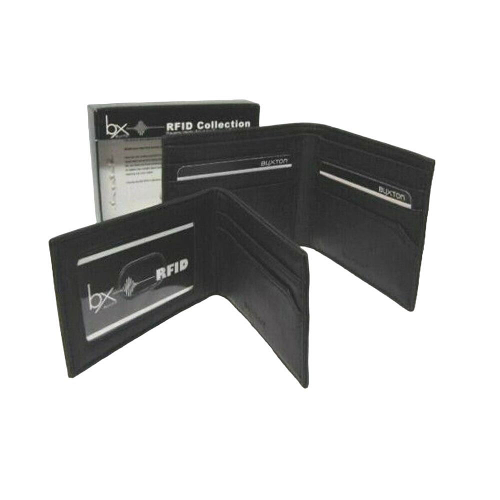 NEW Mens RFID Block BIFOLD WALLET + Removable PASSCASE Buxton Black Faux Leather